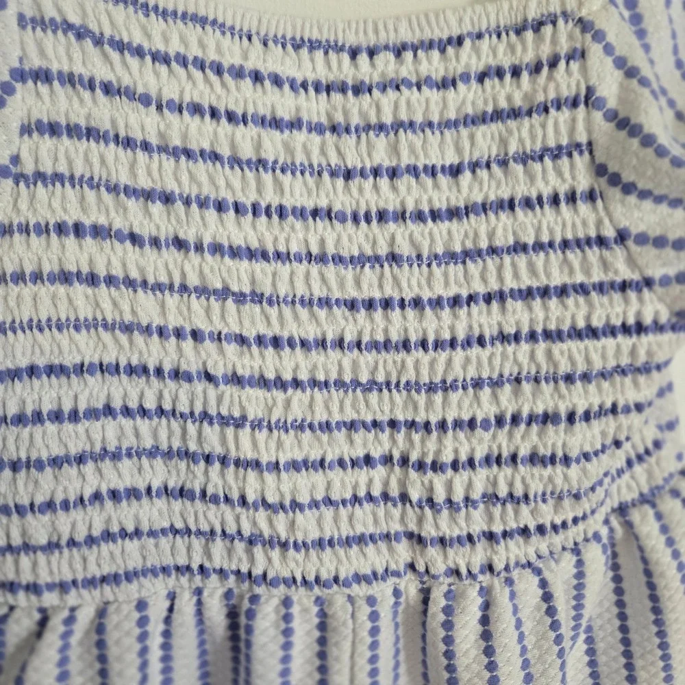 Primark Smocked Romper Girls 7-8 Blue‎ White Striped Excellent Puff Sleeve